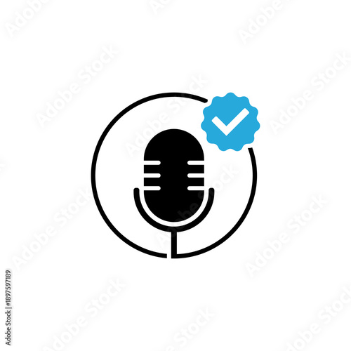 Simple black microphone icon with a blue verification checkmark badge within a circle, symbolizing authenticated audio content or a verified speaker.