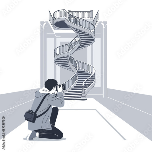 Capturing Iconic Spiral Staircase Architecture With A Photographer In An Interior Space