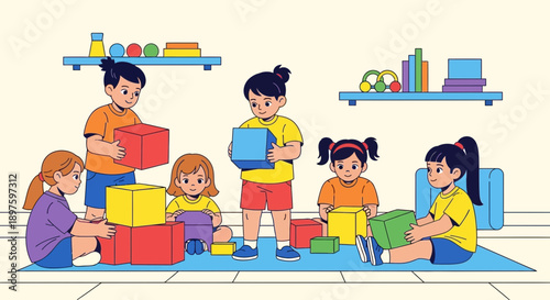 Children Engaging With Colorful Building Blocks In Educational Playtime Setting