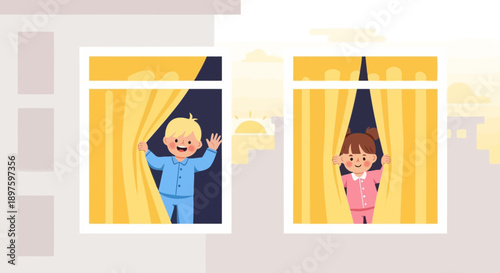 Children Peeking From Windows With Yellow Curtains And A Cityscape View