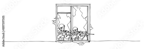 soldiers looking through broken window during urban combat – outline vector illustration