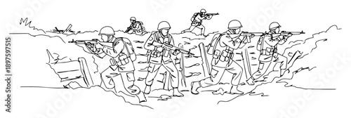 soldiers charging from trenches in battlefield – outline war illustration