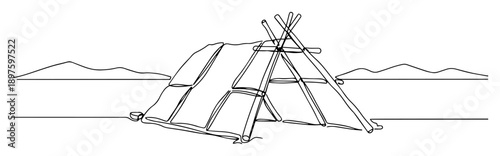 military tent in mountain terrain – outline survival camp illustration