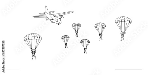 paratroopers jumping from airplane – military parachute drop outline graphic