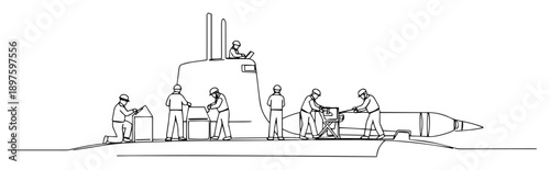 crew working on nuclear submarine – outline naval military illustration