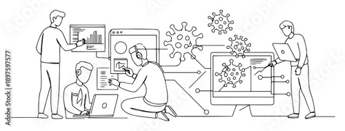 data scientists developing virus simulation – outline medical tech illustration