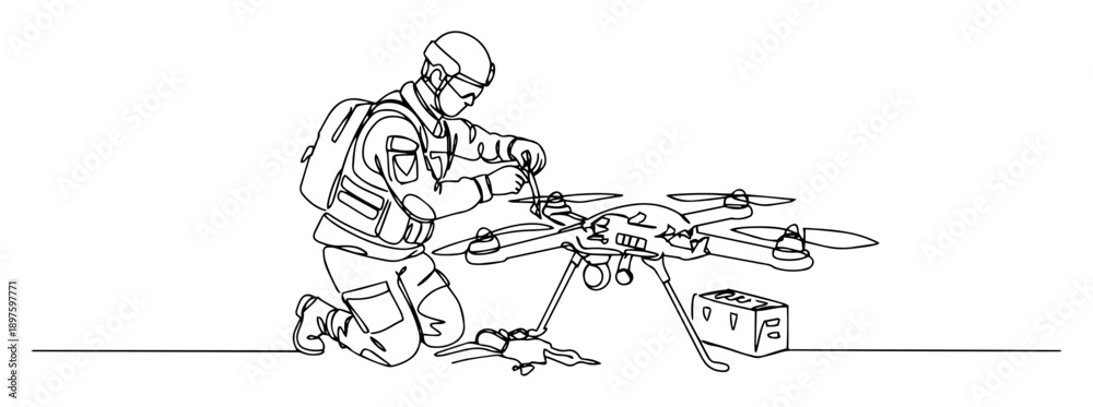 Obraz premium soldier adjusting quadcopter drone for mission – outline tech operation graphic