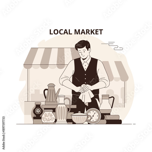 Charming Artisan Presents Handmade Ceramics And Antiques At A Bustling Local Market