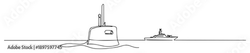 submarine surfacing near warship – outline naval operation scene