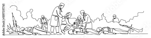 Fotografija field medics assisting wounded soldiers – outline battlefield rescue graphic