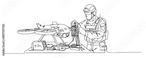soldier assembling surveillance drone – outline tactical gear setup scene