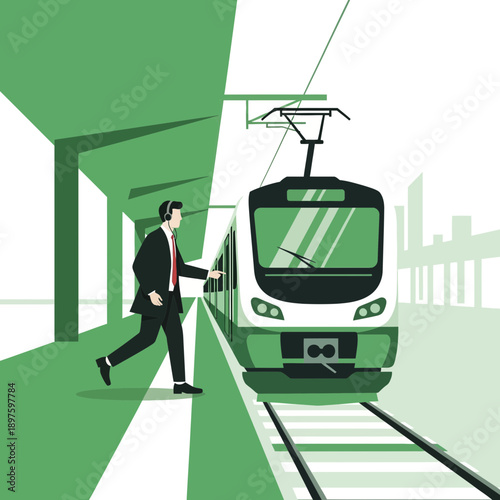 Commuter Rushing To Catch Modern Train At Green Station Platform