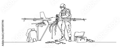 military technician servicing long-range drone – outline aircraft maintenance illustration