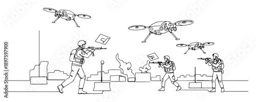 soldiers avoiding drones during urban ambush – outline threat evasion