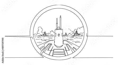 submarine seen through periscope view – outline naval surveillance graphic