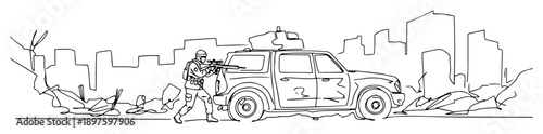 urban soldier hiding behind car – outline combat cover tactic