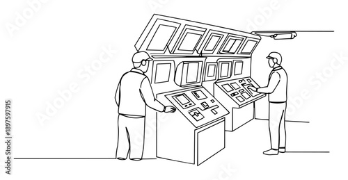 control room operators at monitoring station – outline surveillance tech graphic
