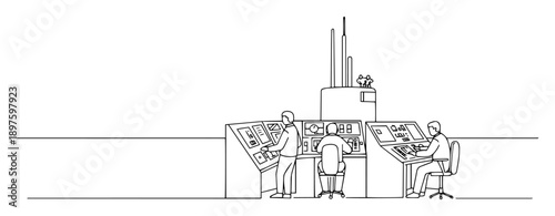submarine command center with crew – outline naval operation interior