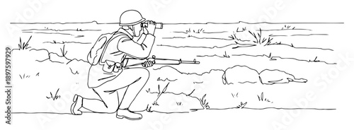 soldier using binoculars in field – outline reconnaissance scene