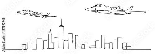 fighter jets flying over city skyline – outline air patrol concept