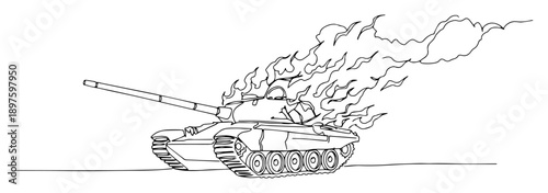 tank on fire in combat zone – outline destroyed military vehicle