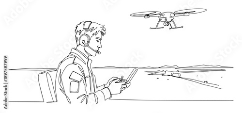 drone operator piloting surveillance flight – outline tech control scene