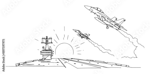 fighter jets taking off from aircraft carrier – outline aviation scene