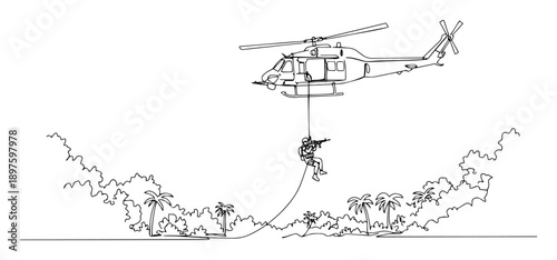 soldier rappelling from helicopter into jungle – outline tactical insertion