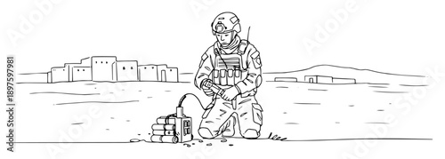 soldier resting in desert with rifle – outline military field break