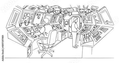 command center operators at military consoles – outline tech control room