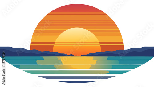 Very beautiful simple sunrise and horizon illustration on a white background expressing hope and clarity, ideal for minimalist lifestyle apparel.
