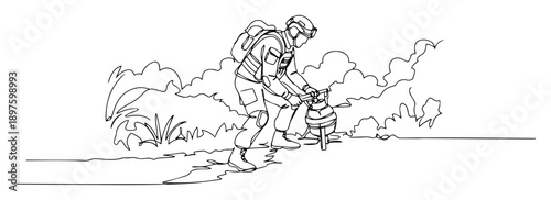 soldier placing explosive in field minimalist line art