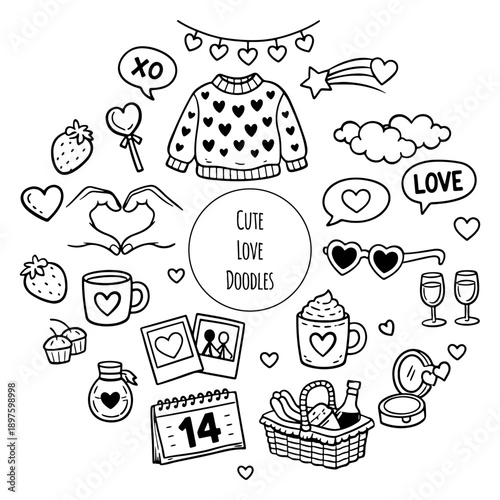 Hand draw doodle valentines day illustration. Love decorative elements with hearts