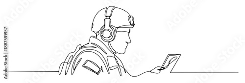 modern soldier with digital tablet one line vector