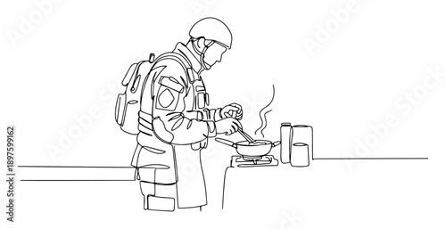 preparing field meal army cook oneline drawing