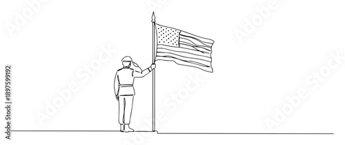 soldier raising national flag one line art
