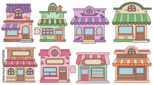 Set of cute shop front in pastel colors, flat cartoon vector illustration of various store facades, cafes, and boutiques.