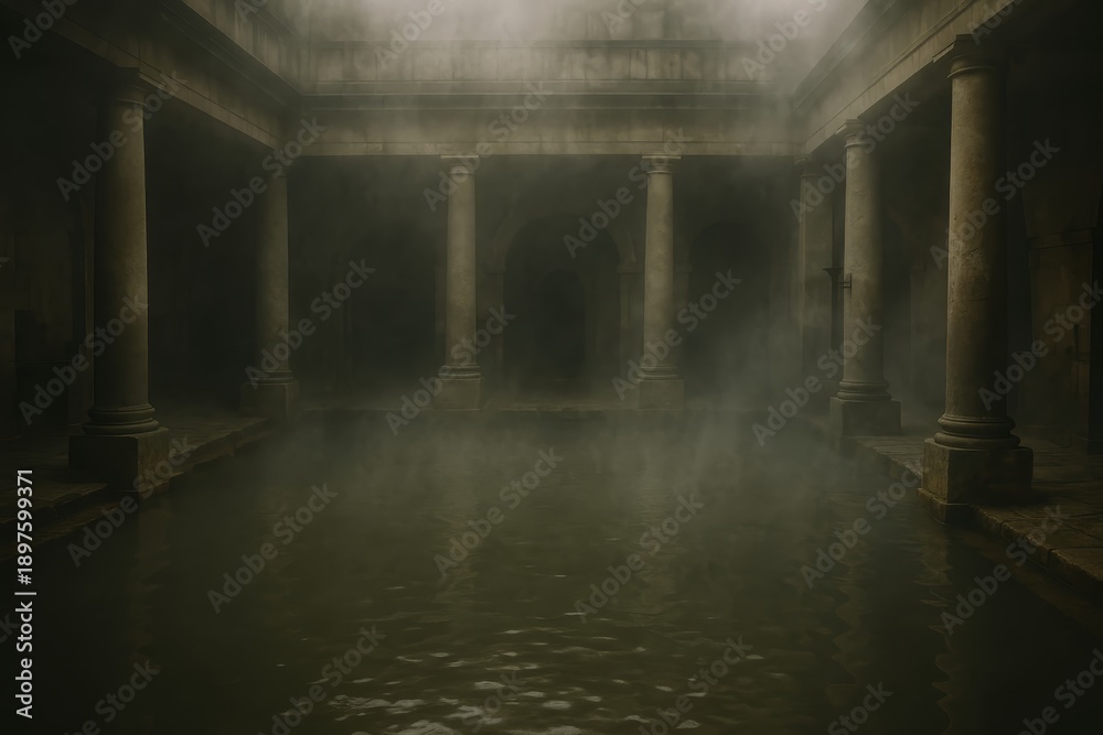 Obraz premium Ancient Roman bathhouse with steaming water. Eerie atmosphere evokes mystery and tranquility.