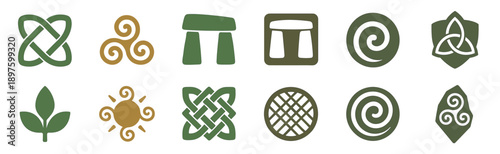 Collection of Celtic style symbols and icons featuring various knots, spirals, and pagan signs in a flat vector design, representing ancient culture and mythology