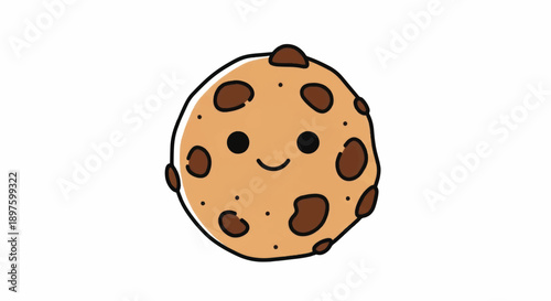 Whimsical chocolate chip cookie illustration on clean white background.