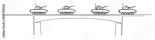 tanks in line moving over narrow bridge drawing