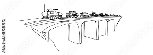 military convoy advancing across bridge scene