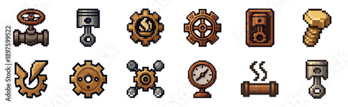 Pixel art steampunk mechanical parts icon set with various cogs, gears, pistons, pipes, and a pressure gauge in a retro 8-bit video game aesthetic