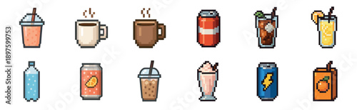 Collection of various pixel art drinks and beverages including coffee, soda, juice, and water, designed as retro 8-bit icons for a classic video game interface or menu