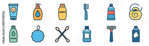 Colorful personal care and hygiene product icons including shampoo, toothbrush, razor, and soap, presented in a clean and modern flat line art style for graphic design elements
