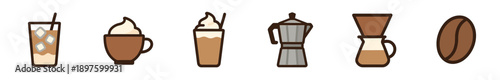 Set of coffee drink and brewing icons featuring iced coffee, cappuccino, frappe, moka pot, pour-over brewer, and a bean in a minimalist flat line art style illustration
