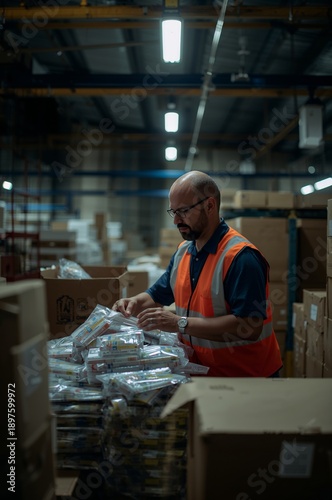 Worker Sorts Packages in Warehouse During Evening Hours