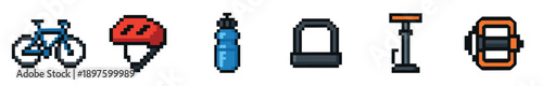 Pixel art bicycle accessory icon set featuring a bike, helmet, water bottle, lock, pump, and pedal in a retro 8-bit video game style illustration for sports and transportation