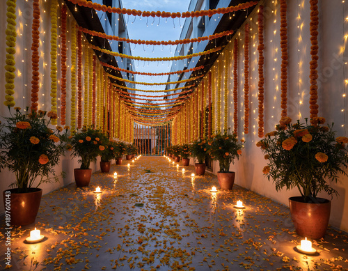 Elegant Indian home passage adorned with marigold flowers and vibrant string lights. Orange floral garlands grace the walls, while candles flicker gently amidst scattered petals on the floor