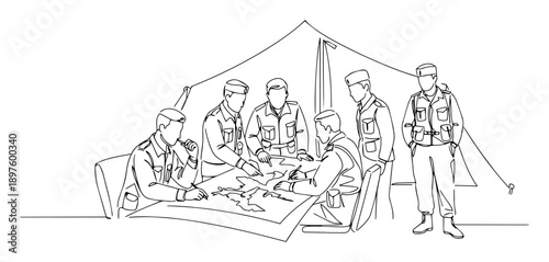 military command tent with strategy planning – outline vector illustration